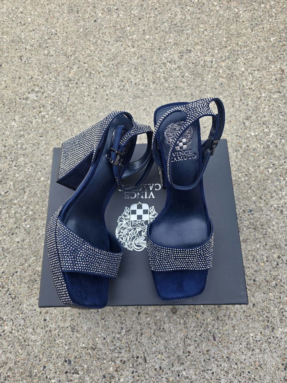 Vince Camuto Navy Embellished Block Heel Sandals Women 8.5
